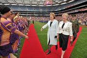 12 September 2010; Wexford captain Una Leacy waits to greet the President of Ireland Mary McAleese and Joan O'Flynn, President of the Camogie Association, before introducing them to her team-mates. Gala All-Ireland Senior Camogie Championship Final, Galway v Wexford, Croke Park, Dublin. Picture credit: David Maher / SPORTSFILE
