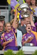 12 September 2010; Frances Doran, left, and Stacey Kehoe, Wexford, lift the O'Duffy Cup. Gala All-Ireland Senior Camogie Championship Final, Galway v Wexford, Croke Park, Dublin. Picture credit: David Maher / SPORTSFILE