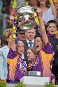 12 September 2010; Jean Hayden, left, and Louise O'Leary, Wexford, lift the O'Duffy Cup. Gala All-Ireland Senior Camogie Championship Final, Galway v Wexford, Croke Park, Dublin. Picture credit: David Maher / SPORTSFILE