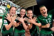 13 September 2010; Republic of Ireland players, from left, Ciara O'Brien, Jennifer Byrne, Ciara Grant and Stacie Donnelly celebrate their side's 3-0 victory over Ghana, and subsequent qualification for the quarter-final. FIFA U-17 Women’s World Cup Group Stage, Republic of Ireland v Ghana, Dwight Yorke Stadium, Scarborough, Tobago, Trinidad & Tobago. Picture credit: Stephen McCarthy / SPORTSFILE