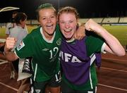 13 September 2010; Republic of Ireland players Stacie Donnelly, left, and Aileen Gilroy celebrate their side's 3-0 victory over Ghana, and subsequent qualification for the quarter-final. FIFA U-17 Women’s World Cup Group Stage, Republic of Ireland v Ghana, Dwight Yorke Stadium, Scarborough, Tobago, Trinidad & Tobago. Picture credit: Stephen McCarthy / SPORTSFILE