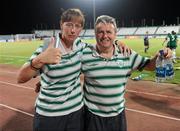 13 September 2010; Republic of Ireland coach Sharon Boyle with assistant manager and stand-in manager Harry Kenny celebrate their side's 3-0 victory over Ghana, and subsequent qualification for the quarter-final. FIFA U-17 Women’s World Cup Group Stage, Republic of Ireland v Ghana, Dwight Yorke Stadium, Scarborough, Tobago, Trinidad & Tobago. Picture credit: Stephen McCarthy / SPORTSFILE