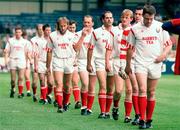 14 August 1994; The Cork team, including Brian Corcoran, Niall Cahalane, Mark O'Connor, Mark Farr, John Kerins and captain Stephen O'Brien during the pre-match parade. Bank of Ireland Football Championship Semi-Final, Down v Cork, Croke Park, Dublin. Picture credit: David Maher / SPORTSFILE