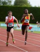 23 July 2016; Nikolka Stevankova of Dooneen AC of Limerick, left, leads Rhasidat Adeleke of Tallaght AC of Dublin during the Girls U15 100m final event during Day 2 of the GloHealth National Juvenile Track & Field Championships at Tullamore Harriers Stadium in Tullamore, Co Offaly. Photo by Piaras Ó Mídheach/Sportsfile