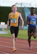 23 July 2016; Michael Farrelly of Portmarknock AC of Dublin on his way to winning the Boys U15 100m final event during Day 2 of the GloHealth National Juvenile Track & Field Championships at Tullamore Harriers Stadium in Tullamore, Co Offaly. Photo by Piaras Ó Mídheach/Sportsfile