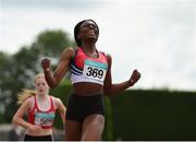 24 July 2016; Patience Jumbo-Gula of Dundalk St Gerards AC, Co Louth, 369, celebrates after winning the U16 Women's 200m event during Day 3 of the GloHealth National Juvenile Track & Field Championships at Tullamore Harriers Stadium in Tullamore, Co. Offaly. Photo by Sam Barnes/Sportsfile