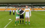 25 June 2016; Referee David Coldrick with team captains David McGreevy of London, left, and Alan Mulhall of Offaly prior to the GAA Football All-Ireland Senior Championship Round 1B game between Offaly and London at O'Connor Park in Tullamore, Co Offaly. Photo by Piaras Ó Mídheach/Sportsfile