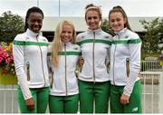 25 July 2016; Ireland Athletics team members, from left, Gina Akpe-Moses, Molly Scott, Sharlene Mawdsley and Ciara Neville on their return from IAAF World Junior Athletics Championships at Dublin Airport in Dublin. Photo by Eóin Noonan/Sportsfile