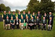 16 September 2010; The Portumna Golf Club and officials, back row, left to right, Ger Lynch; John Cleary, Shane Ryan, Niall Kilkenny, Pat Quinlan, Sean Cleary, Shane McHugo, Mick Byrne, Captain Castlebar Golf Club, Antoinette Starken, Lady Captain, Castlebar Golf Club, Seamus Smith, General Secretary, GUI. Front Row, left to right, Michael Connaughton, Marie Kelly, Lady Captain, Judith Barry, President, Matt Donoghue, Team Captain, Pete Gibbs, Captain, Sean McMahon, President, GUI, Shane Connelley, Bulmers Territory Manager, Eugene Fayne, and John Farraher. Bulmers Cups and Shields Finals 2010, Castlebar Golf Club, Co. Mayo. Picture credit: Ray McManus / SPORTSFILE