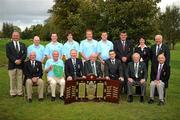 16 September 2010; The Dunmurray Golf Club, winners of the Bulmers Barton Shield, and officials, back row, left to right, Michael Connaughton, Connaught Chairman, Glenn McAuley, Stephen Crowe, Patrick McGlone, Darren Crowe, Ian Moore, Mick Byrne, Castlebar Golf Club, Antoinette Starken, Lady Captain, Castlebar, Seamus Smith, General Secretary, GUI, front row, left to right, Ivor McCandless, Ulster Chairman, Tony Cassidy, Team Captain, John Bennett, Club Captain, Sean McMahon, President, GUI, Shane Connelley, Territory Manager, Bulmers, Eugene Fayne, John Farraher. Bulmers Cups and Shields Finals 2010, Castlebar Golf Club, Co. Mayo. Picture credit: Ray McManus / SPORTSFILE