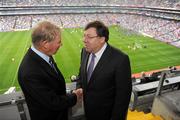 19 September 2010; RTE Gaelic Games Commentator Micheal O Muircheartaigh is greeted by An Taoiseach Brian Cowen T.D. on a visit to his broadcasting position. GAA Football All-Ireland Senior Championship Final, Down v Cork, Croke Park, Dublin. Picture credit: Ray McManus / SPORTSFILE