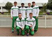 25 July 2016; Ireland Athletics mens relay team,  back row from left, Sean Lawlor, Joseph Ojewumi, Eoin Doherty, Cillin Greene, front row from left, David McDonald and Luke Morris, on their return from IAAF World Junior Athletics Championships at Dublin Airport in Dublin. Photo by Eóin Noonan/Sportsfile