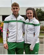 25 July 2016; Adam King, left, who competed in the hammer throw with Michaela Walsh who competed in the shot put from the Ireland Athletics team on their return from IAAF World Junior Athletics Championships at Dublin Airport in Dublin. Photo by Eóin Noonan/Sportsfile