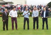 25 July 2016; Two-time National Hunt Champion Jockey Davy Russell, centre, has a puck around with Kilkenny hurlers, from right, Tommy Walsh, Richie Power, John Tennyson and trainer Jim Bolger to promote Hurling for Cancer Research Charity match to be held in St Conleth's Park, Newbridge on Tuesday August 9 at 6:30 pm at the Galway Races in Ballybrit, Co Galway. Photo by Cody Glenn/Sportsfile