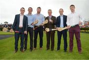25 July 2016; Two-time National Hunt Champion Jockey Davy Russell, second from left, pictured with trainer Jim Bolger, centre, and hurlers, from right, John Tennyson, Tommy Walsh, and Richie Power, as well as James Dowling, left, to promote Hurling for Cancer Research Charity match to be held in St Conleth's Park, Newbridge on Tuesday August 9 at 6:30 pm at the Galway Races in Ballybrit, Co Galway. Photo by Cody Glenn/Sportsfile