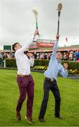 25 July 2016; Two-time National Hunt Champion Jockey Davy Russell, right, in action against Kilkenny hurler John Tennyson to promote Hurling for Cancer Research Charity match to be held in St Conleth's Park, Newbridge on Tuesday August 9 at 6:30 pm at the Galway Races in Ballybrit, Co Galway. Photo by Cody Glenn/Sportsfile