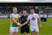 9 July 2016; Referee Pádraig Hughes with team captains Alan Mulhall of Offaly, left, and Eoin Doyle of Kildare prior to the GAA Football All-Ireland Senior Championship - Round 2B match between Kildare and Offaly at St Conleth's Park in Newbridge, Kildare.  Photo by Piaras Ó Mídheach/Sportsfile