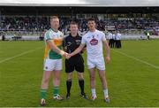 9 July 2016; Referee Pádraig Hughes with team captains Alan Mulhall of Offaly, left, and Eoin Doyle of Kildare prior to the GAA Football All-Ireland Senior Championship - Round 2B match between Kildare and Offaly at St Conleth's Park in Newbridge, Kildare.  Photo by Piaras Ó Mídheach/Sportsfile