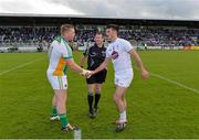 9 July 2016; Referee Pádraig Hughes with team captains Alan Mulhall of Offaly, left, and Eoin Doyle of Kildare prior to the GAA Football All-Ireland Senior Championship - Round 2B match between Kildare and Offaly at St Conleth's Park in Newbridge, Kildare.  Photo by Piaras Ó Mídheach/Sportsfile