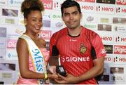 26 July 2016; Trinbago Knight Riders Umar Akmal receives his man of the match award during the Hero Caribbean Premier League (CPL) Match 24 between St Lucia Zouks and Trinbago Knight Riders at the Daren Sammy Cricket Stadium in Gros Islet, St Lucia. Photo by Ashley Allen/Sportsfile