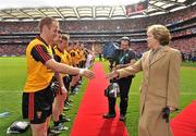 19 September 2010; The President of Ireland Mary McAleese meets the Down captain Brendan Coulter before the start of the game. GAA Football All-Ireland Senior Championship Final, Down v Cork, Croke Park, Dublin. Picture credit: David Maher / SPORTSFILE
