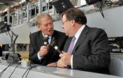 19 September 2010; RTE Gaelic Games Commentator Michéal O Muircheartaigh, in conversation with An Taoiseach Brian Cowen, TD. in the commentary box, before commentating on his last All-Ireland Senior Championship Final after a career lasting 62 years. His first broadcast was the Railway Cup Final on St Patrick's Day 1949. GAA Football All-Ireland Senior Championship Final, Down v Cork, Croke Park, Dublin. Picture credit: Brendan Moran / SPORTSFILE