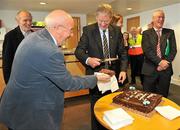 19 September 2010; RTE Gaelic Games Commentator Michéal O Muircheartaigh hands out some cake to mark his retirement, to Seán Bán Breathnach in the press area, watched by journalist Tom O'Riordan and broadcaster Michéal O Sé, before commentating on his last All-Ireland Senior Championship Final after a career lasting 62 years. His first broadcast was the Railway Cup Final on St Patrick's Day 1949. GAA Football All-Ireland Senior Championship Final, Down v Cork, Croke Park, Dublin. Picture credit: Brendan Moran / SPORTSFILE