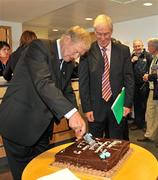 19 September 2010; RTE Gaelic Games Commentator Michéal O Muircheartaigh cuts some cake to mark his retirement watched by fellow Kerryman Michéal O Sé, before commentating on his last All-Ireland Senior Championship Final after a career lasting 62 years. His first broadcast was the Railway Cup Final on St Patrick's Day 1949. GAA Football All-Ireland Senior Championship Final, Down v Cork, Croke Park, Dublin. Picture credit: Brendan Moran / SPORTSFILE