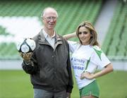 20 September 2010; Former Republic of Ireland manager Jack Charlton with model Nadia Forde at the launch of Airtricity's new 'Biggest Save' campaign which will save homes a phenomenal 20% on their domestic gas rates, Aviva Stadium, Lansdowne Road, Dublin. Picture credit: David Maher / SPORTSFILE