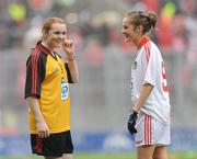 19 September 2010; Sarah Keaney, Gaelscoil Chnoc na Re, Co. Sligo, representing Down, shares a joke with Meaghan Caomhanach, Scoil Neasain, Baile Hearman, Dublin, representing Cork. GAA I.N.T.O. Mini-Sevens during half time of the GAA Football All-Ireland Senior Championship Final, Down v Cork, Croke Park, Dublin. Picture credit: Dáire Brennan / SPORTSFILE