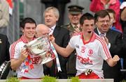 19 September 2010; Shea McGarrity and Ronan O'Neill, Tyrone, celebrate with the Tom Markham cup. ESB GAA Football All-Ireland Minor Championship Final, Cork v Tyrone, Croke Park, Dublin. Picture credit: Oliver McVeigh / SPORTSFILE