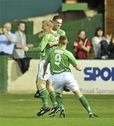 20 September 2010; Derek Prendergast, centre, Bray Wanderers, celebrates with Shane O'Neill, 9, and John Mulroy, after scoring his side's first goal. Airtricity League Premier Division, Bray Wanderers v Dundalk, Carlisle Grounds, Bray, Co. Wicklow. Picture credit: Barry Cregg / SPORTSFILE
