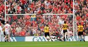 19 September 2010; Down goalkeeper Brendan McVeigh saves a shot from Colm O'Neill, Cork, in the final minutes of the game. GAA Football All-Ireland Senior Championship Final, Down v Cork, Croke Park, Dublin. Picture credit: Oliver McVeigh / SPORTSFILE
