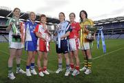 21 September 2010; Competing captains gathered at Croke Park ahead of the TG4 Ladies Football All Ireland finals. The Senior, Intermediate and Junior Championship finals will take place at Croke Park on Sunday 26th of September. Pictured are the captains, from left, Sandra Larkin, Limerick, Junior, Mary Foley, Waterford, Intermediate, Sinead McLaughlin, Tyrone, Senior, Denise Masterson, Dublin, Senior, Grace Lynch, Louth, Junior, and Aoife McDonnell, Donegal, Intermediate. TG4 Ladies Football All-Ireland Championship Finals - Captain's Day, Croke Park, Dublin. Picture credit: Brian Lawless / SPORTSFILE