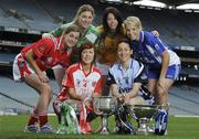 21 September 2010; Competing captains gathered at Croke Park ahead of the TG4 Ladies Football All Ireland finals. The Senior, Intermediate and Junior Championship finals will take place at Croke Park on Sunday 26th of September. Pictured are the captains, from left, Grace Lynch, Louth, Junior, Sandra Larkin, Limerick, Junior, Sinead McLaughlin, Tyrone, Senior, Aoife McDonnell, Donegal, Intermediate, Denise Masterson, Dublin, Senior, and  Mary Foley, Waterford, Intermediate. TG4 Ladies Football All-Ireland Championship Finals - Captain's Day, Croke Park, Dublin. Picture credit: Brian Lawless / SPORTSFILE