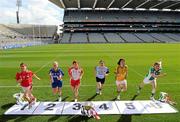21 September 2010; Competing captains gathered at Croke Park ahead of the TG4 Ladies Football All Ireland finals. The Senior, Intermediate and Junior Championship finals will take place at Croke Park on Sunday 26th of September. Pictured are the captains, from left, Grace Lynch, Louth, Junior, Mary Foley, Waterford, Intermediate, Sinead McLaughlin, Tyrone, Senior, Denise Masterson, Dublin, Senior, Aoife McDonnell, Donegal, Intermediate, and Sandra Larkin, Limerick, Junior. TG4 Ladies Football All-Ireland Championship Finals - Captain's Day, Croke Park, Dublin. Picture credit: Brian Lawless / SPORTSFILE
