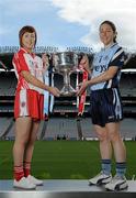21 September 2010; Competing captains gathered at Croke Park ahead of the TG4 Ladies Football All Ireland finals. The Senior, Intermediate and Junior Championship finals will take place at Croke Park on Sunday 26th of September. Pictured are the Senior captains Sinead McLaughlin, Tyrone, left, and Denise Masterson, Dublin. Picture credit: Brian Lawless / SPORTSFILE