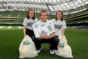 21 September 2010; Sisters Sinead, right, age 7, and Aisling Cunningham, age 9, with Irish International Luke Fitzgerald at the IRFU Launch of ‘Play Rugby’ Schools and Clubs Initiative, Aviva Stadium, Lansdowne Road, Dublin. Photo by Sportsfile