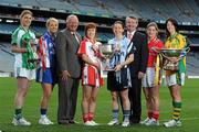 21 September 2010; Competing captains gathered at Croke Park ahead of the TG4 Ladies Football All Ireland finals. The Senior, Intermediate and Junior Championship finals will take place at Croke Park on Sunday 26th of September. Pictured, from left, are Sandra Larkin, Limerick, Junior, Mary Foley, Waterford, Intermediate, Pat Quill, President Cumann Peil Gael na mBan, Sinead McLaughlin, Tyrone, Senior, Denise Masterson, Dublin, Senior, Pól Ó Gallchóir, Ceannasai, TG4, Grace Lynch, Louth, Junior, and Aoife McDonnell, Donegal, Intermediate. TG4 Ladies Football All-Ireland Championship Finals - Captain's Day, Croke Park, Dublin. Picture credit: Brian Lawless / SPORTSFILE