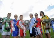 21 September 2010; Competing captains gathered at Croke Park ahead of the TG4 Ladies Football All Ireland finals. The Senior, Intermediate and Junior Championship finals will take place at Croke Park on Sunday 26th of September. Pictured are the captains, from left, Sandra Larkin, Limerick, Junior, Mary Foley, Waterford, Intermediate, Sinead McLaughlin, Tyrone, Senior, Denise Masterson, Dublin, Senior, Grace Lynch, Louth, Junior, and Aoife McDonnell, Donegal, Intermediate. TG4 Ladies Football All-Ireland Championship Finals - Captain's Day, Croke Park, Dublin. Picture credit: Brian Lawless / SPORTSFILE