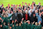 22 September 2010; Show Racism the Red Card launched its programme of activities for 2010-11 at Tallaght Stadium. The event sponsored by the Embassy of the United States of America was attended by The US chargé d'affaires John Hennessey Niland, Minister for Integration Mary White TD, with, from left, Jolie Niland, Basketball Ireland, Sporting Fingal's Ollie Cahill and Eamon Zayed, Stephen McGuinness, General Secretary PFAI, Aidan Price, Shamrock Rovers, Fran Gavin, FAI, Charlie O'Connor, T.D. for Tallaght, and Ryan Guy, St. Patricks Athletic, and 150 pupils from St Aidans Community School, Old Bawn Community School, St Dominics Secondary and Castaheany Educate Together. Tallaght Stadium, Tallaght, Dublin. Picture credit: Matt Browne / SPORTSFILE