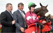 27 July 2016; Trainer Gordon Elliott, from left, Eddie O'Leary, of the Gigginstown Stud, and jockey Donagh Meyler with Lord Scoundrel after winning the TheTote.com Galway Plate Steeplechase Handicap at the Galway Races in Ballybrit, Co Galway. Photo by Cody Glenn/Sportsfile