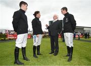 27 July 2016; The President of Ireland Michael D. Higgins speaks with members of the Ireland team to face Australia in the 2016 Ireland v Australia Jockey Challenge, from left, jockeys Luke Dempsey, Katie Walsh and Ian McCarthy in the parade ring at the Galway Races in Ballybrit, Co Galway. Photo by Cody Glenn/Sportsfile