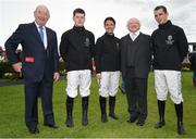 27 July 2016; The President of Ireland Michael D. Higgins with members of the Ireland team to face Australia in the 2016 Ireland v Australia Jockey Challenge, from left, manager Sean Lynch, jockeys Luke Dempsey, Katie Walsh and Ian McCarthy in the parade ring at the Galway Races in Ballybrit, Co Galway. Photo by Cody Glenn/Sportsfile