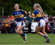 27 July 2016; Anna Carey of Tipperary, right, celebrates scoring her side's second goal with team mate Sarah Delaney during the All Ireland Ladies Football U16 ‘B’ Championship Final 2016 match between Louth and Tipperary at Edenderry GAA Club in Edenderry, Co Offaly. Photo by Sam Barnes/Sportsfile