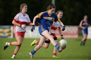 27 July 2016; Niamh Brady of Longford in action against Deabhona McElhinney and Nikki Doherty of Derry during the All Ireland Ladies Football U16 ‘C’ Championship Final 2016 match between Derry and Longford at Fr. Hackett Park in Augher, Co Tyrone. Photo by Oliver McVeigh/Sportsfile