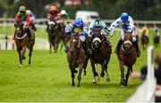 28 July 2016; Eventual winner Scamall Dubh, third from right, with Mark Enright up, races ahead of Taglietelle, second from left, with Jack Kennedy up, and Dont Tell No One, with Davy Russell up, on their way to winning the Guinness Dublin Porter Beginners Steeplechase at the Galway Races in Ballybrit, Co Galway. Photo by Cody Glenn/Sportsfile