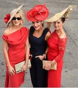 28 July 2016; Racegoers, from left, Sophie Small, Denise O'Dwyer, and Mary Lee, from Knocknacarra, Co Galway, at the Galway Races in Ballybrit, Co Galway. Photo by Cody Glenn/Sportsfile
