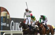28 July 2016; Ruby Walsh celebrates winning the Guinness Galway Hurdle Handicap on Clondaw Warrior in front of Hidden Cyclone, with Danny Mullins up, right, and Princely Conn, with Rachael Blackmore up, at the Galway Races in Ballybrit, Co Galway. Photo by Cody Glenn/Sportsfile