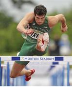 23 June 2013; Team Ireland athlete Ben Reynolds clears the final hurdle on his way to winning his Men's 110m hurdle event at the European Athletics Team Championships 1st League. Morton Stadium, Santry, Co. Dublin. Photo by: Pat Murphy / Sportsfile